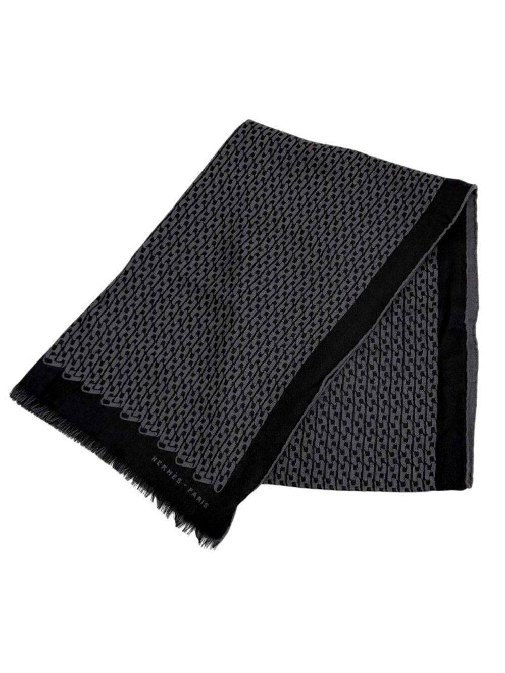 Hermes Cashmere Silk Blend Logo Chain Pattern Fringe Shawl Black Gray Scarf